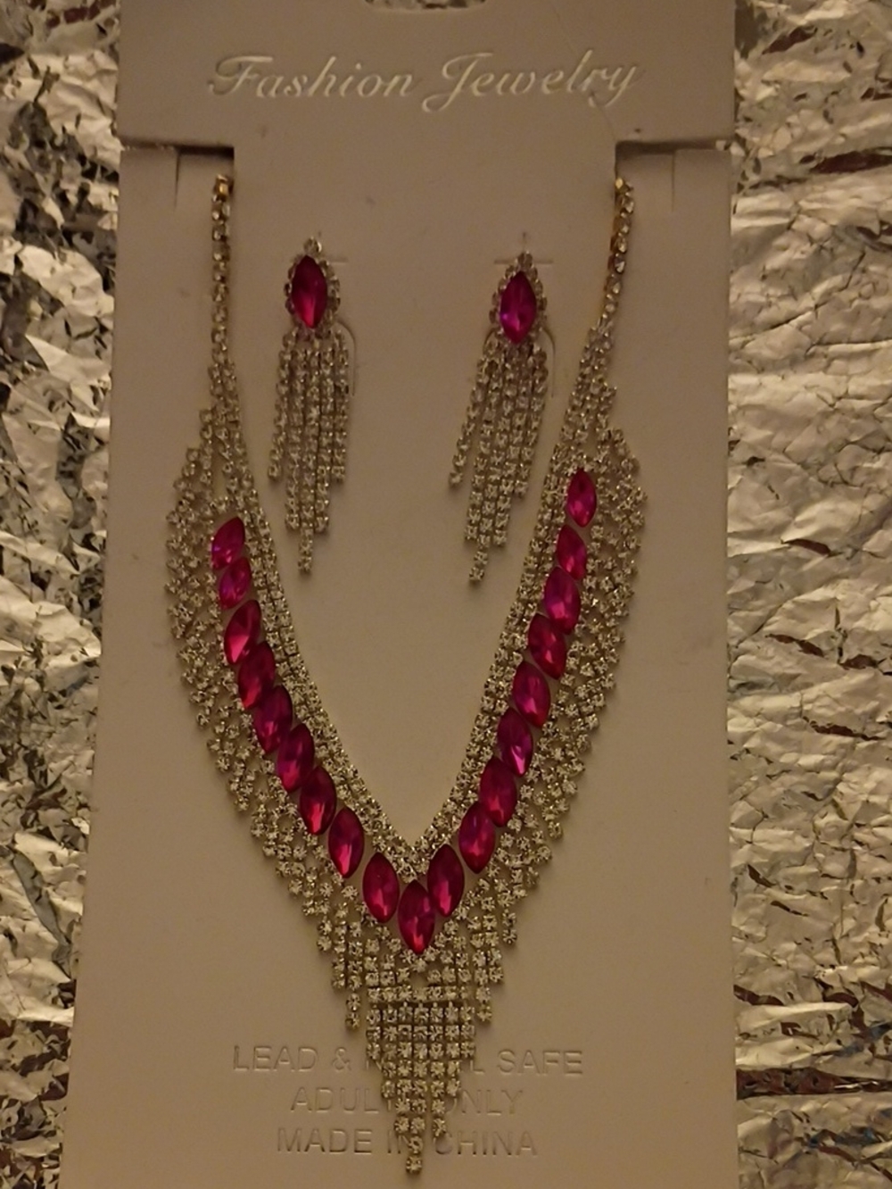 Fashion Jewelry Hot Pink Crystal Fringe Necklace and Earring Set